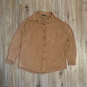 Boohoo faux suede oversized button down shirt in tan - size‎ small womens